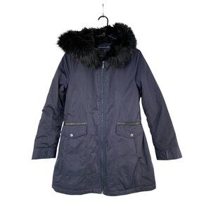 NWT French Connection Womens Navy Midweight Quilted Parka Coat Fur Hood S